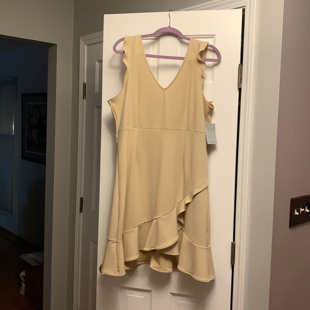 Almond/beige sleeveless dress.